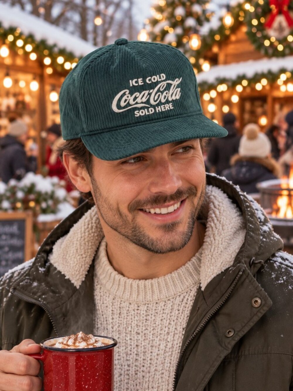 Coca Cola Corduroy Holiday Hat Green Snap Back Sparkling Trucker Cap New